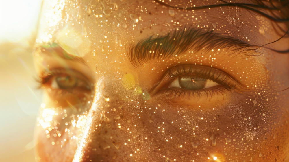 A macro shot capturing a persons eye with dew drops on goldenlit skin reflecting the sunlight